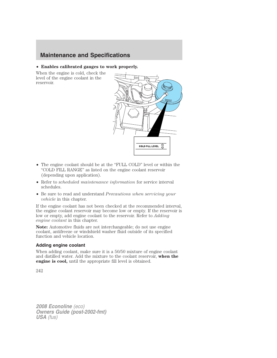 Adding engine coolant, Maintenance and specifications | FORD 2008 E-450 v.2 User Manual | Page 242 / 288