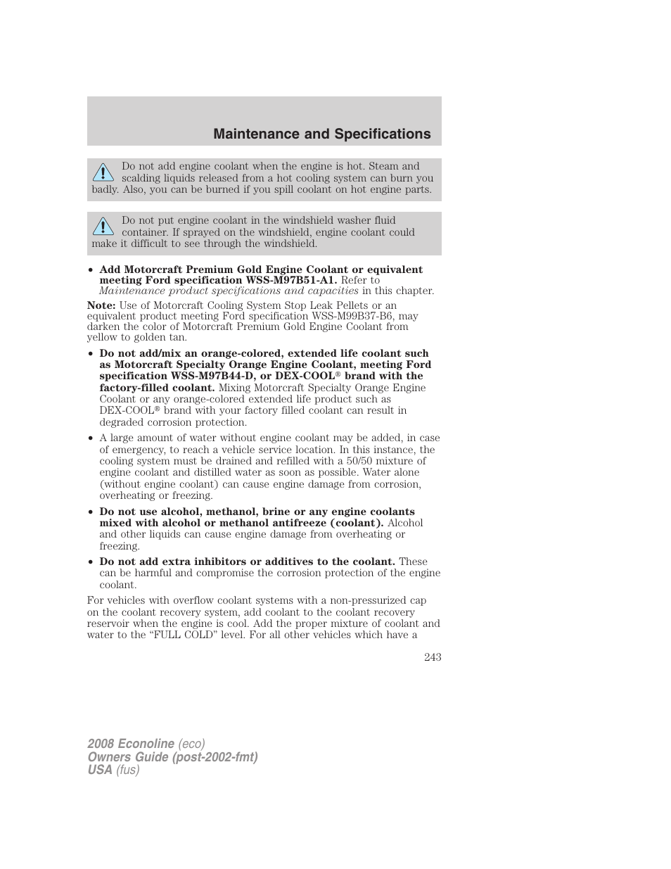 Maintenance and specifications | FORD 2008 E-450 v.2 User Manual | Page 243 / 288