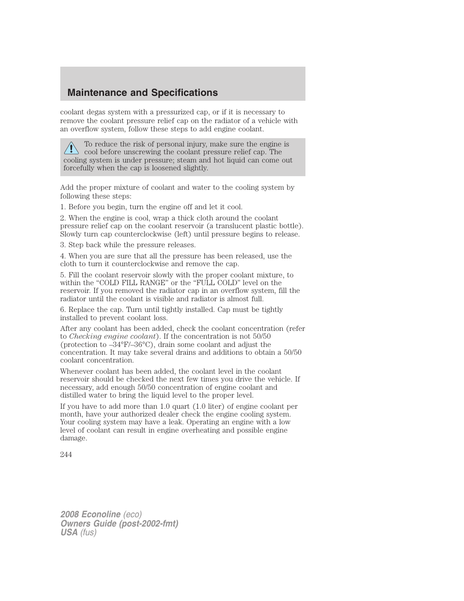 Maintenance and specifications | FORD 2008 E-450 v.2 User Manual | Page 244 / 288