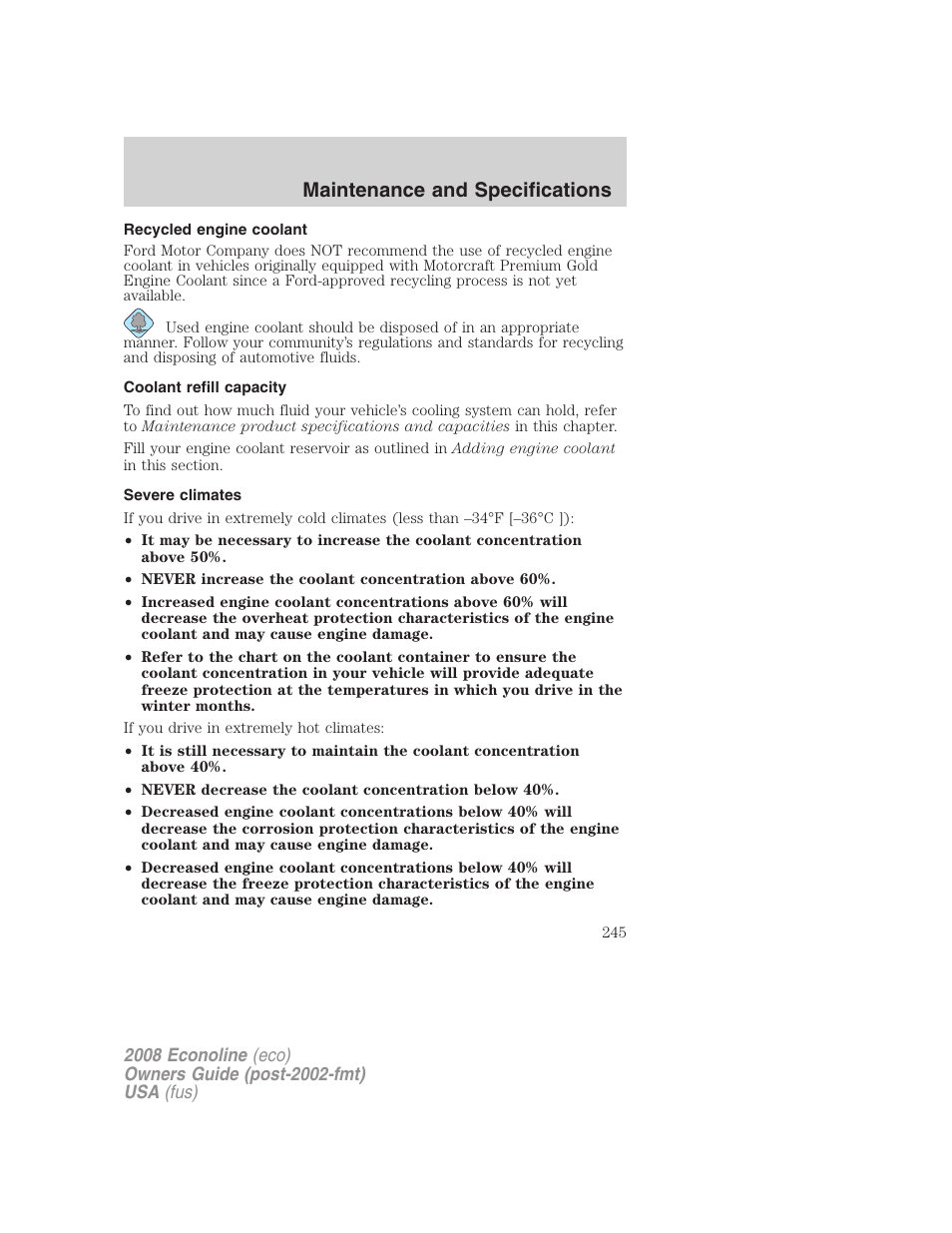 Recycled engine coolant, Coolant refill capacity, Severe climates | Maintenance and specifications | FORD 2008 E-450 v.2 User Manual | Page 245 / 288