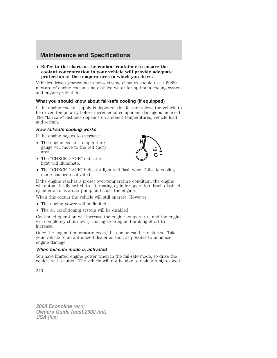 How fail-safe cooling works, When fail-safe mode is activated, Maintenance and specifications | FORD 2008 E-450 v.2 User Manual | Page 246 / 288