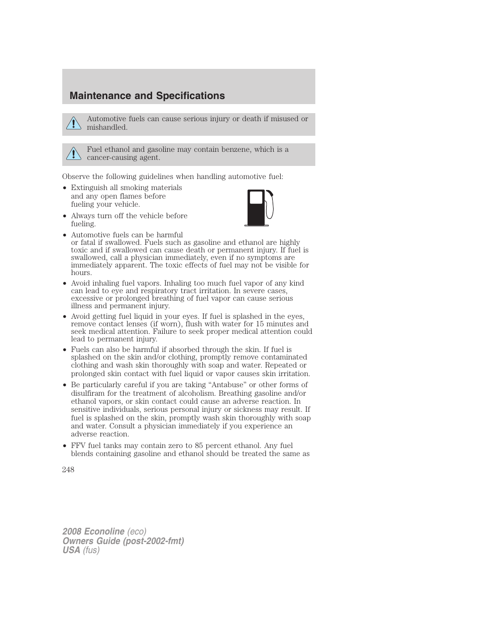 Maintenance and specifications | FORD 2008 E-450 v.2 User Manual | Page 248 / 288