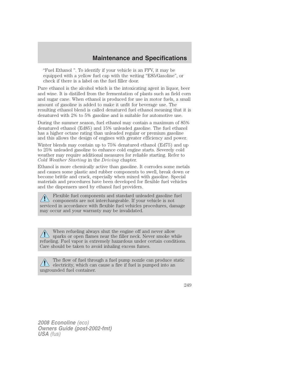 Maintenance and specifications | FORD 2008 E-450 v.2 User Manual | Page 249 / 288