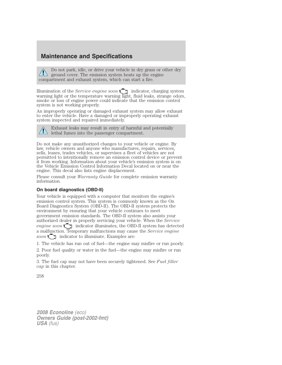 On board diagnostics (obd-ii), Maintenance and specifications | FORD 2008 E-450 v.2 User Manual | Page 258 / 288