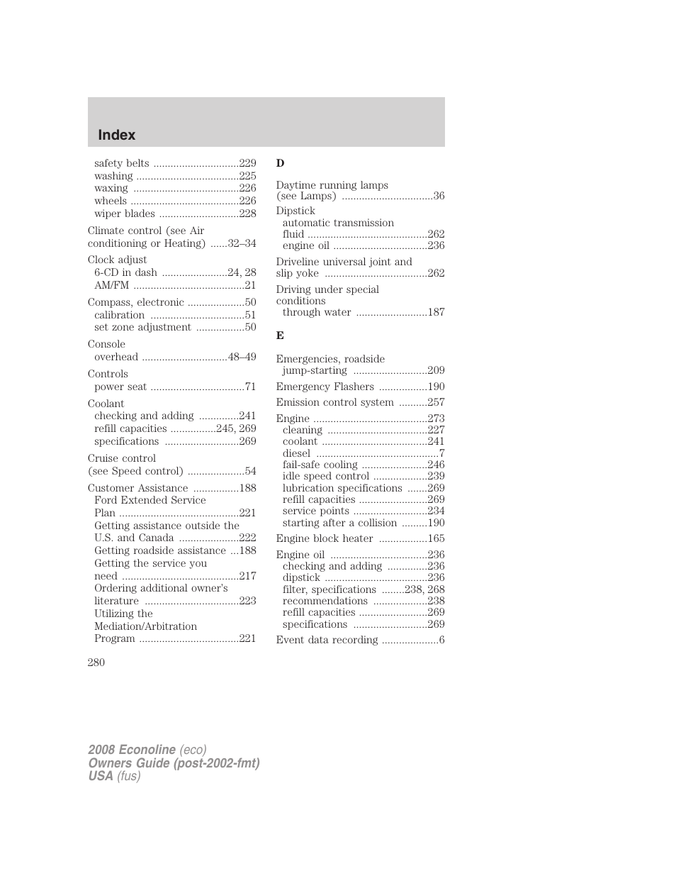 Index | FORD 2008 E-450 v.2 User Manual | Page 280 / 288