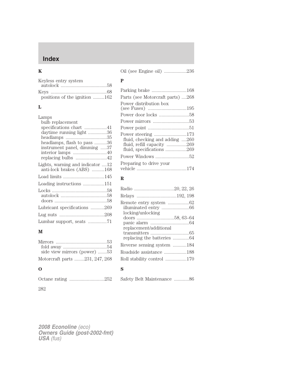 Index | FORD 2008 E-450 v.2 User Manual | Page 282 / 288