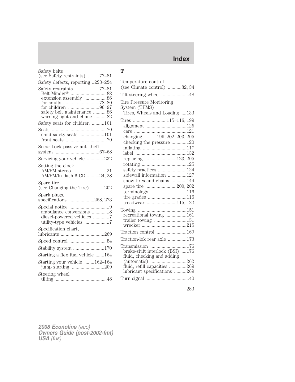 Index | FORD 2008 E-450 v.2 User Manual | Page 283 / 288