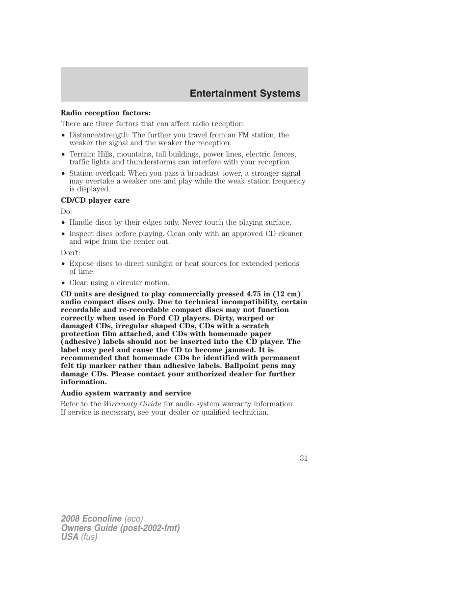 Entertainment systems | FORD 2008 E-450 v.2 User Manual | Page 31 / 288