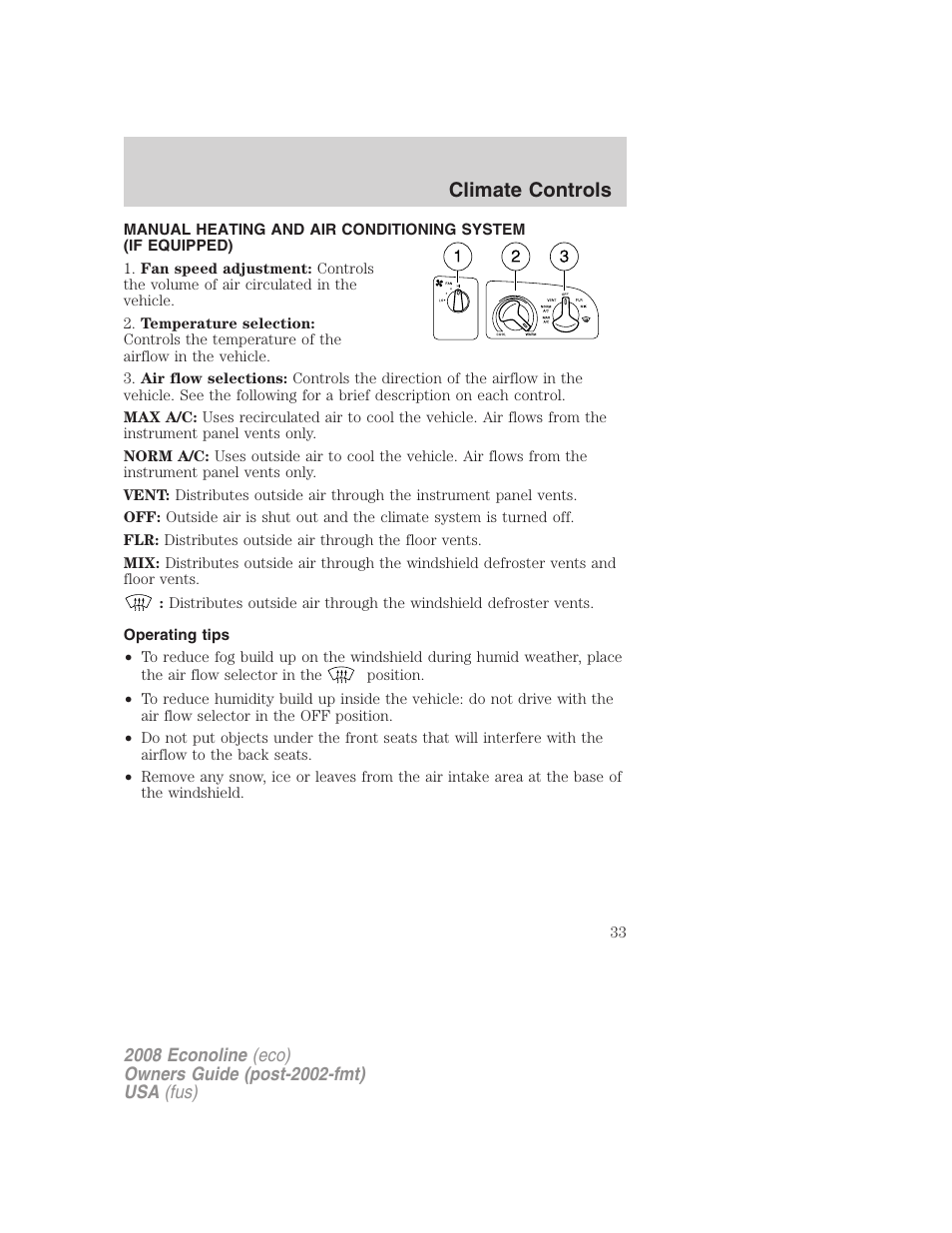 Operating tips, Manual heating and air conditioning, Climate controls | FORD 2008 E-450 v.2 User Manual | Page 33 / 288