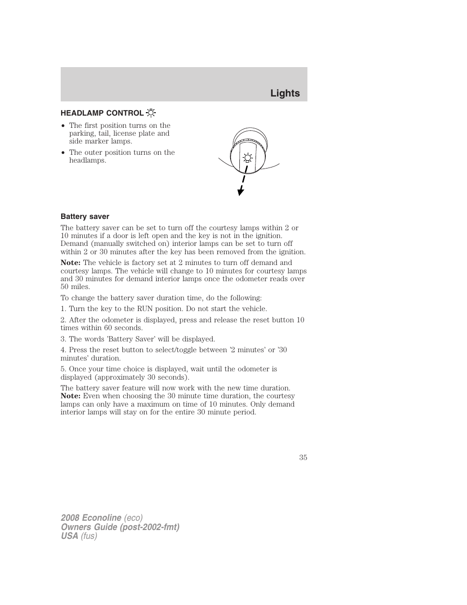 Lights, Headlamp control, Battery saver | Headlamps | FORD 2008 E-450 v.2 User Manual | Page 35 / 288