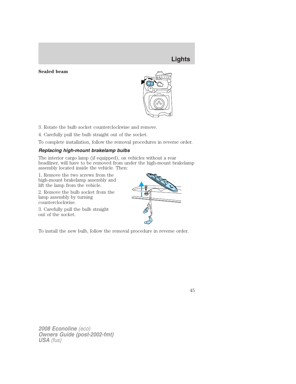 Replacing high-mount brakelamp bulbs, Lights | FORD 2008 E-450 v.2 User Manual | Page 45 / 288