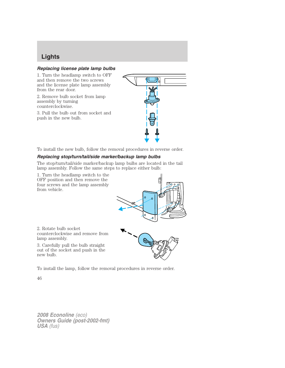 Replacing license plate lamp bulbs, Lights | FORD 2008 E-450 v.2 User Manual | Page 46 / 288