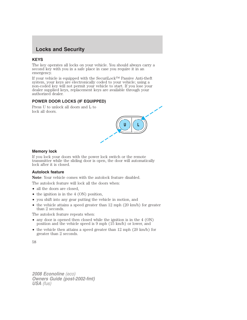 Locks and security, Keys, Power door locks (if equipped) | Memory lock, Autolock feature, Locks | FORD 2008 E-450 v.2 User Manual | Page 58 / 288