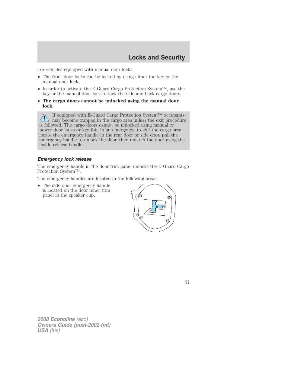 Emergency lock release, Locks and security | FORD 2008 E-450 v.2 User Manual | Page 61 / 288