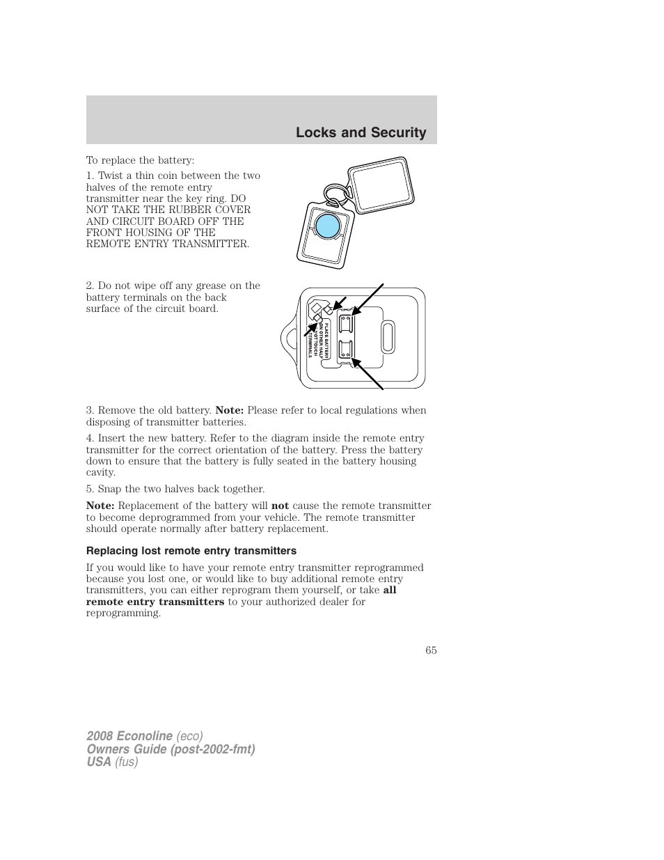 Replacing lost remote entry transmitters, Locks and security | FORD 2008 E-450 v.2 User Manual | Page 65 / 288