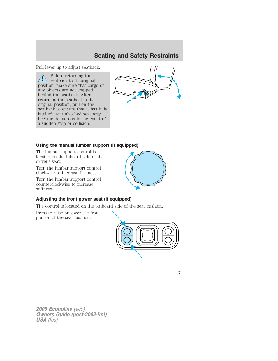 Using the manual lumbar support (if equipped), Adjusting the front power seat (if equipped), Seating and safety restraints | FORD 2008 E-450 v.2 User Manual | Page 71 / 288