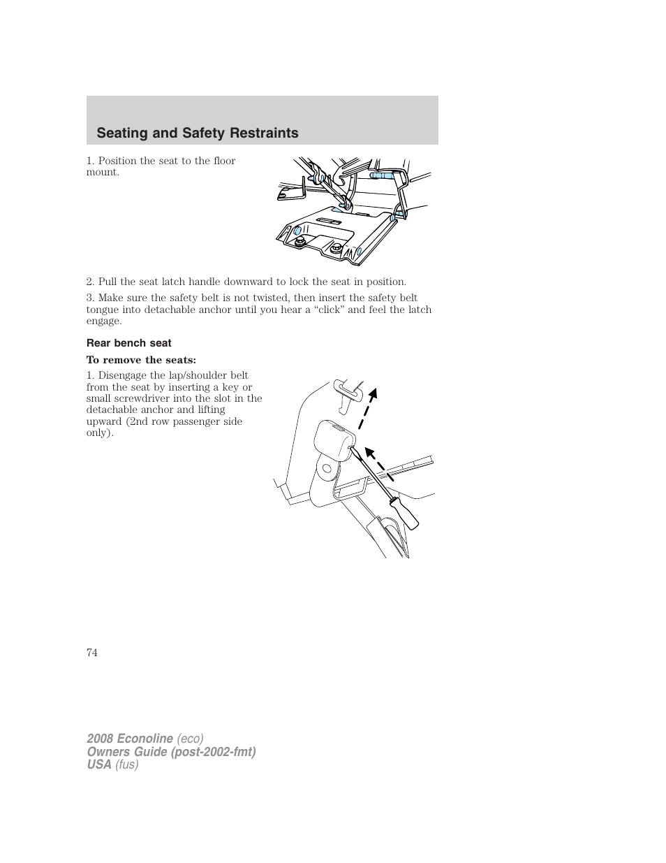 Rear bench seat, Seating and safety restraints | FORD 2008 E-450 v.2 User Manual | Page 74 / 288