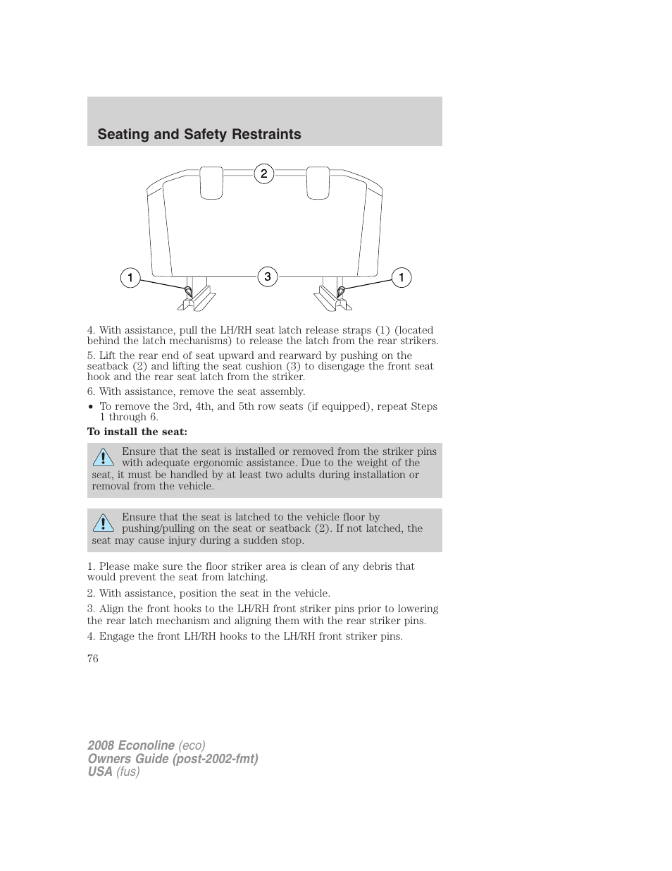 Seating and safety restraints | FORD 2008 E-450 v.2 User Manual | Page 76 / 288