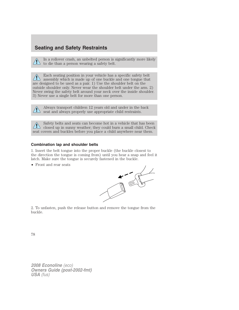 Combination lap and shoulder belts, Seating and safety restraints | FORD 2008 E-450 v.2 User Manual | Page 78 / 288