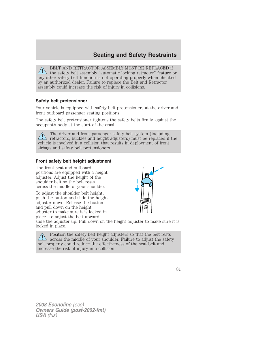 Safety belt pretensioner, Front safety belt height adjustment, Seating and safety restraints | FORD 2008 E-450 v.2 User Manual | Page 81 / 288