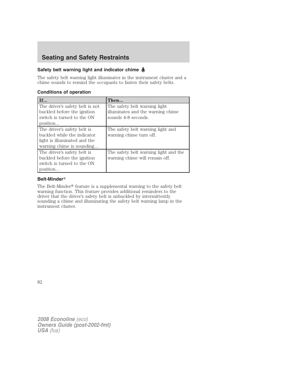 Safety belt warning light and indicator chime, Conditions of operation, Belt-minder | Seating and safety restraints | FORD 2008 E-450 v.2 User Manual | Page 82 / 288