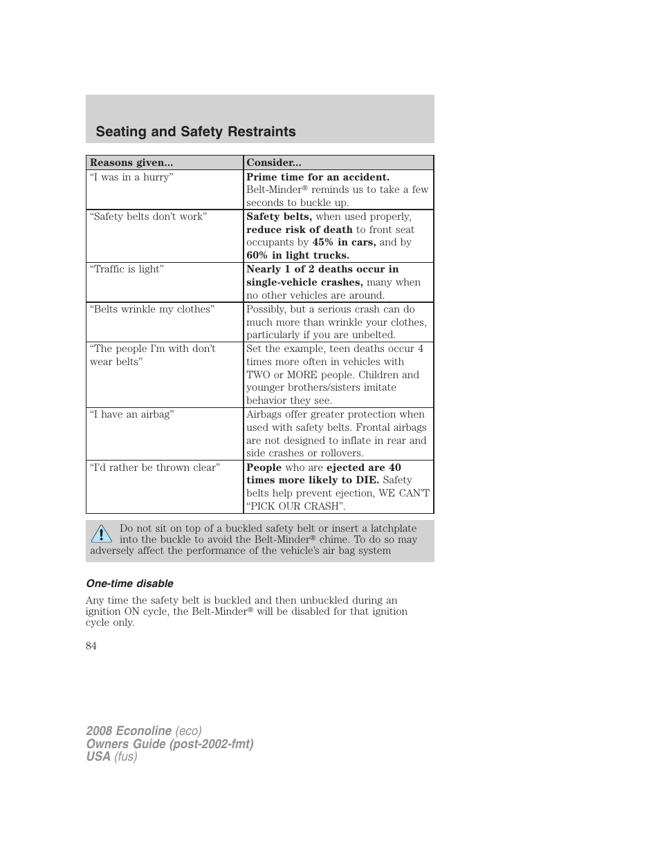 One-time disable, Seating and safety restraints | FORD 2008 E-450 v.2 User Manual | Page 84 / 288