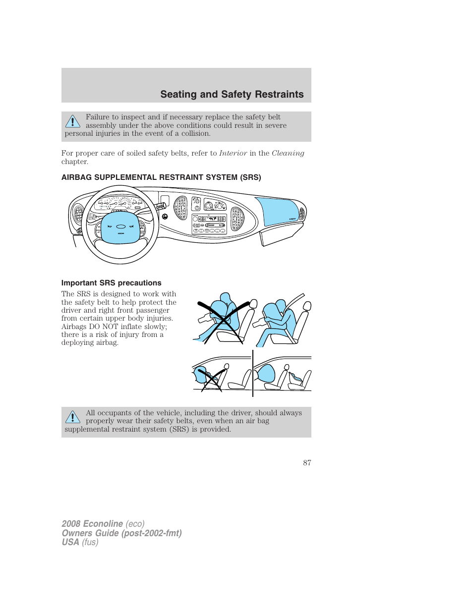 Airbag supplemental restraint system (srs), Important srs precautions, Airbags | Seating and safety restraints | FORD 2008 E-450 v.2 User Manual | Page 87 / 288