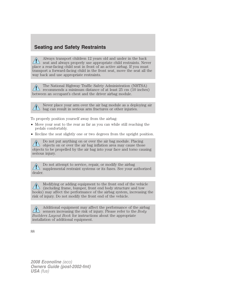 Seating and safety restraints | FORD 2008 E-450 v.2 User Manual | Page 88 / 288