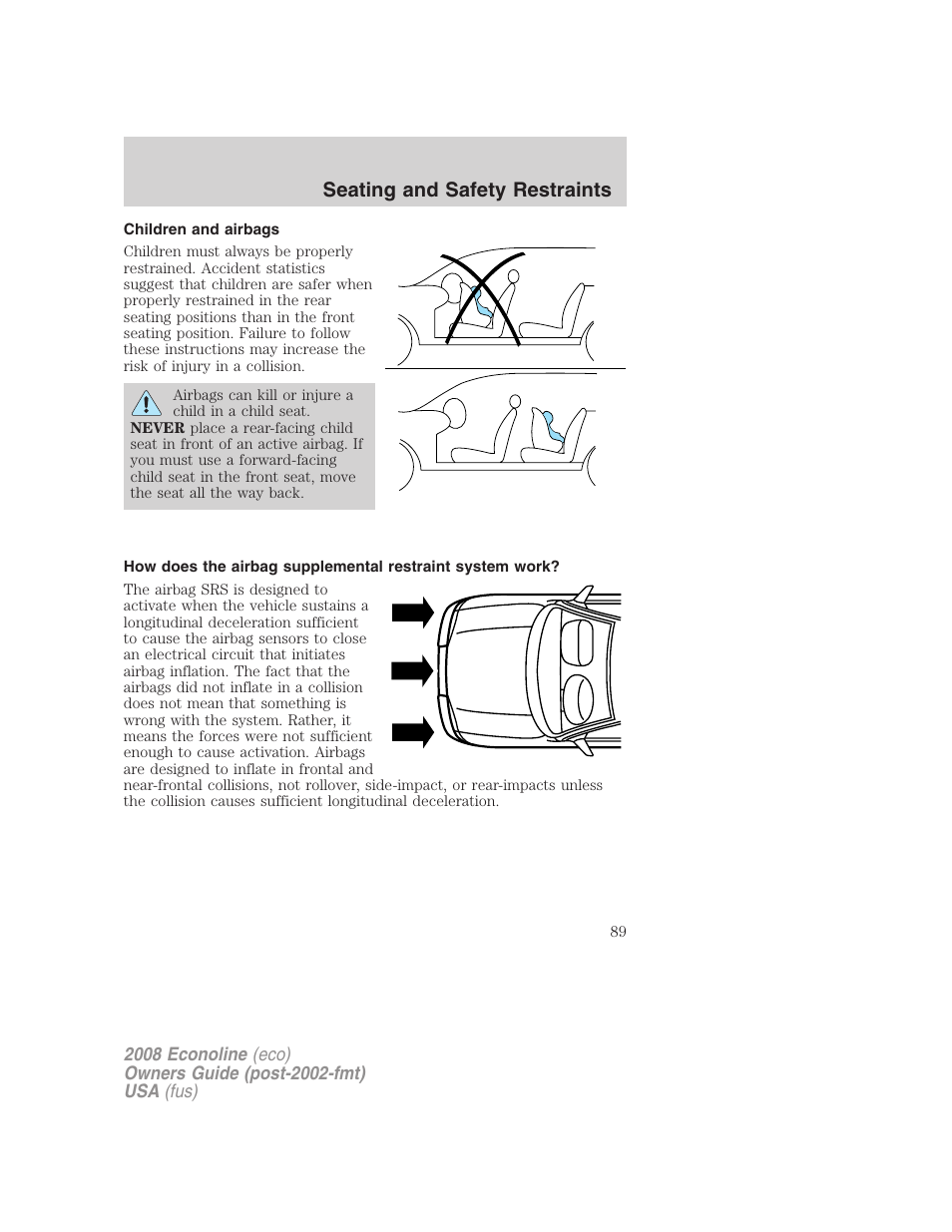 Children and airbags, Seating and safety restraints | FORD 2008 E-450 v.2 User Manual | Page 89 / 288