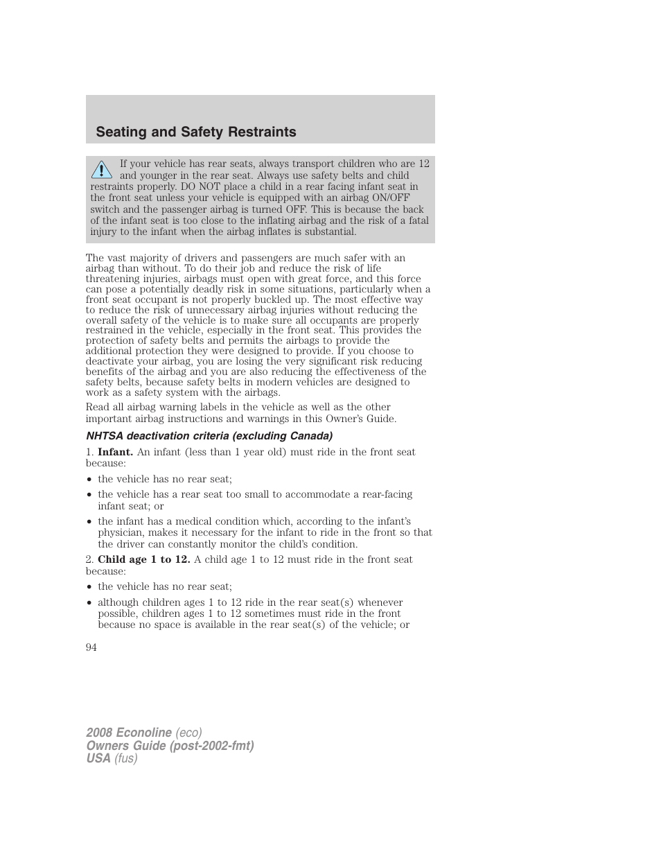 Nhtsa deactivation criteria (excluding canada), Seating and safety restraints | FORD 2008 E-450 v.2 User Manual | Page 94 / 288