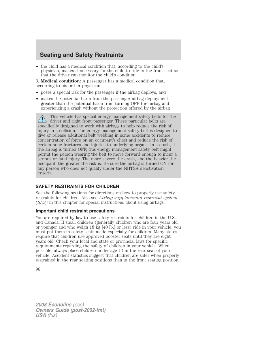 Safety restraints for children, Important child restraint precautions, Child restraints | Seating and safety restraints | FORD 2008 E-450 v.2 User Manual | Page 96 / 288