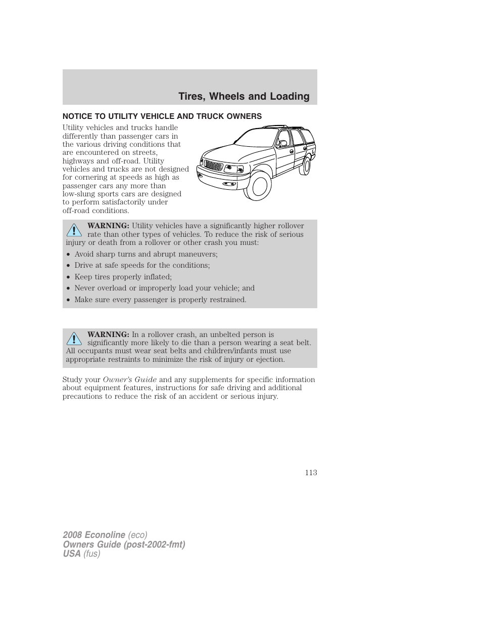 Tires, wheels and loading, Notice to utility vehicle and truck owners | FORD 2008 E-450 v.3 User Manual | Page 113 / 285