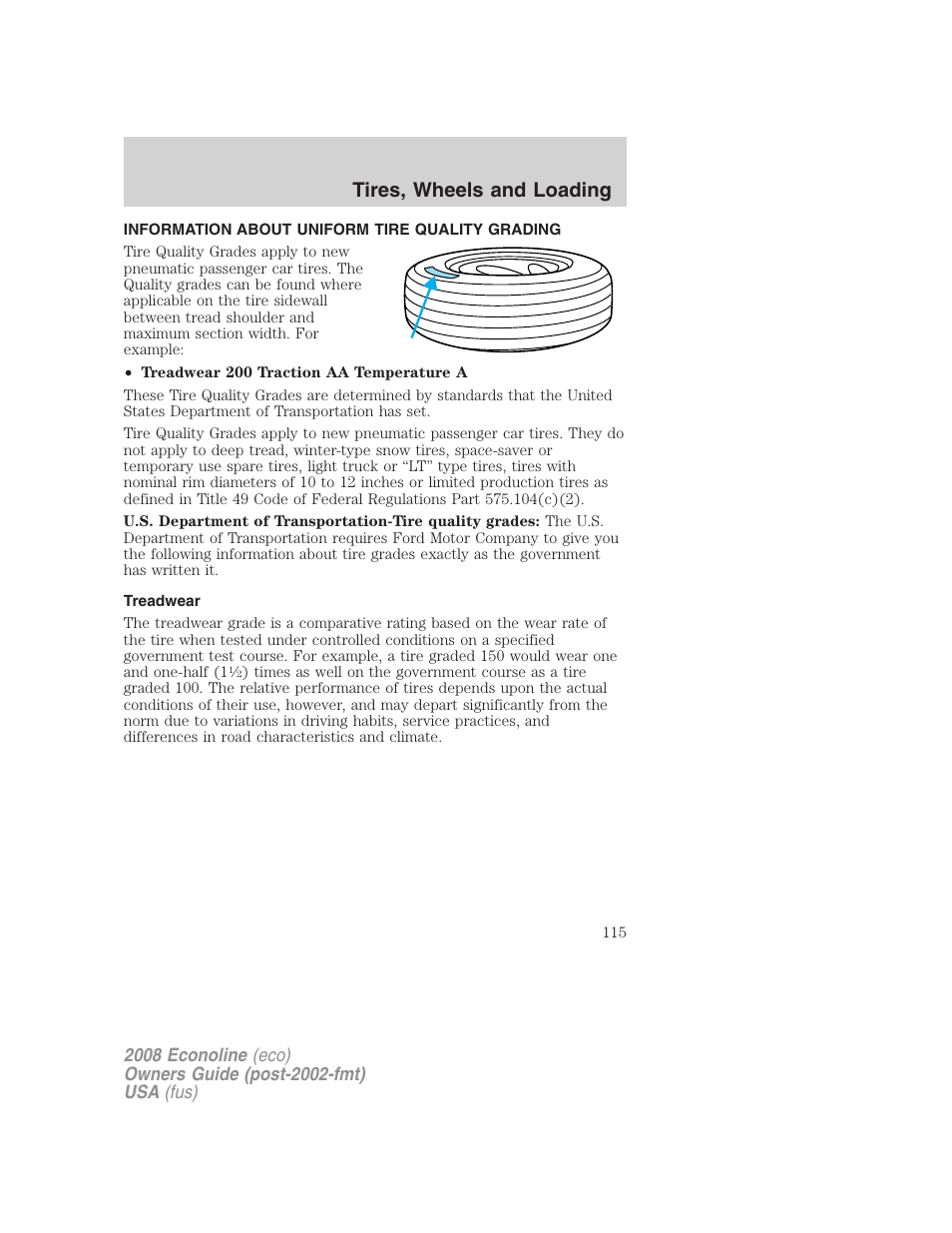 Information about uniform tire quality grading, Treadwear, Tire information | Tires, wheels and loading | FORD 2008 E-450 v.3 User Manual | Page 115 / 285