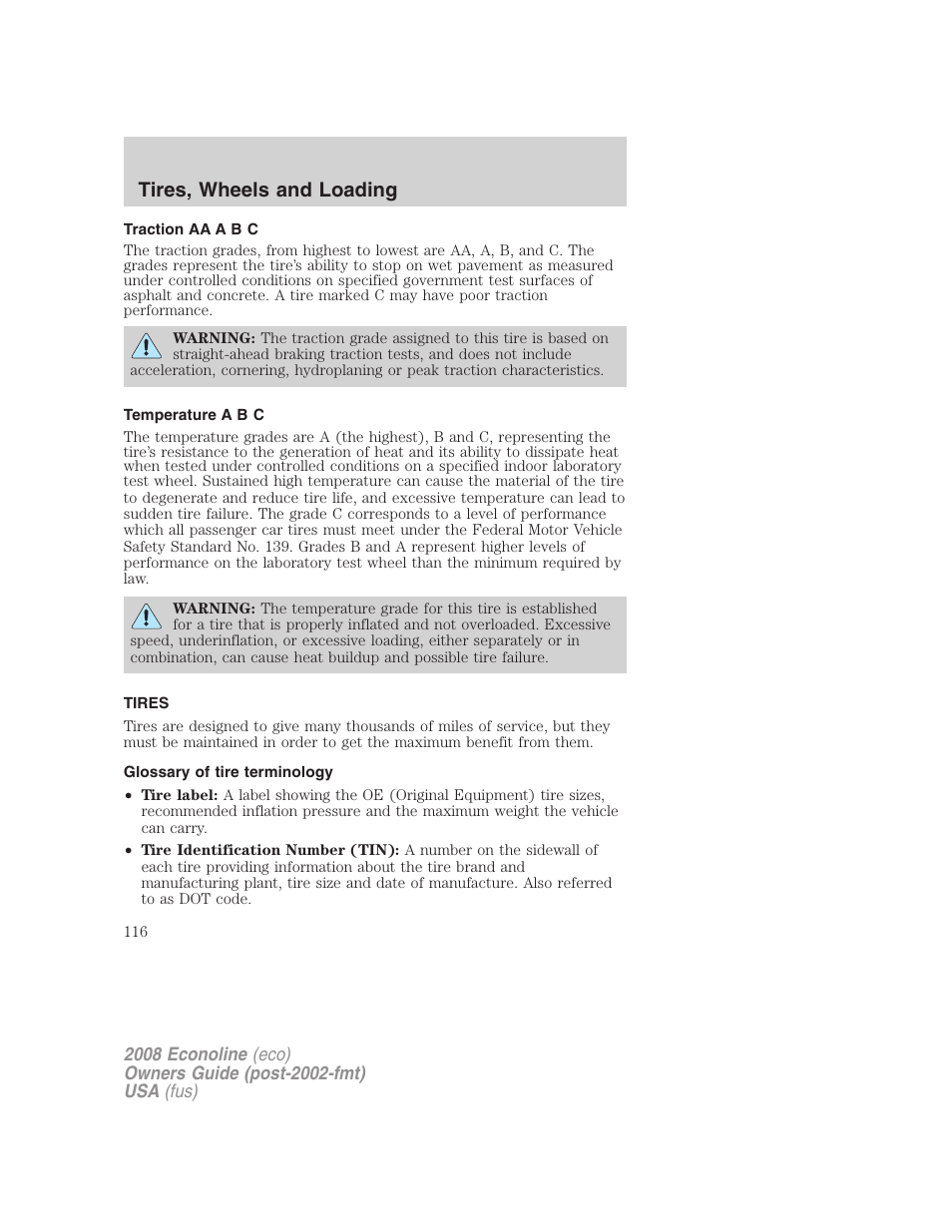 Traction aa a b c, Temperature a b c, Tires | Glossary of tire terminology, Tires, wheels and loading | FORD 2008 E-450 v.3 User Manual | Page 116 / 285