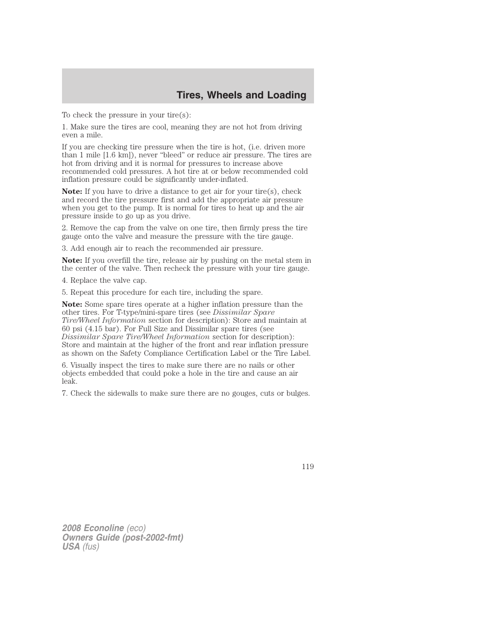 Tires, wheels and loading | FORD 2008 E-450 v.3 User Manual | Page 119 / 285
