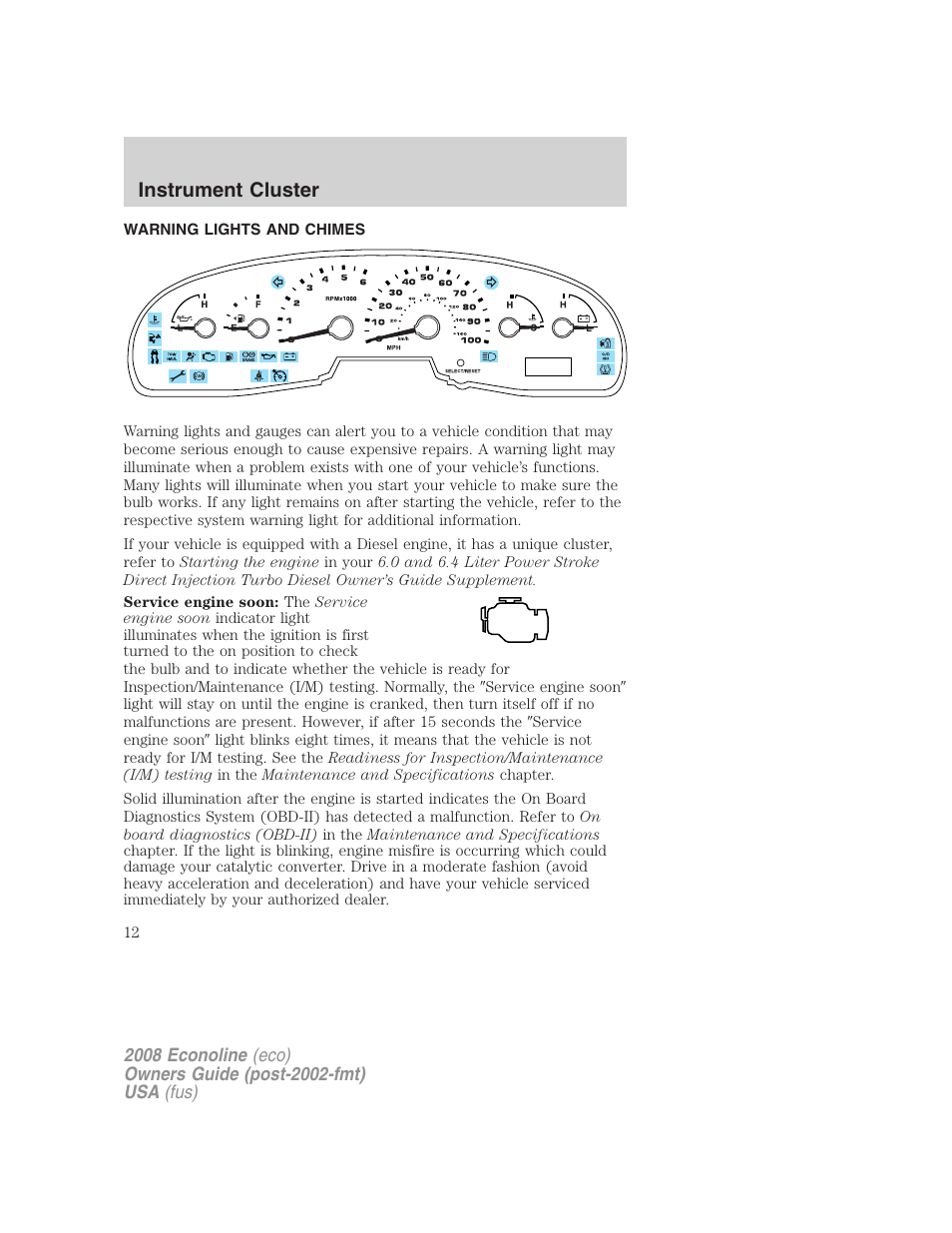 Instrument cluster, Warning lights and chimes | FORD 2008 E-450 v.3 User Manual | Page 12 / 285