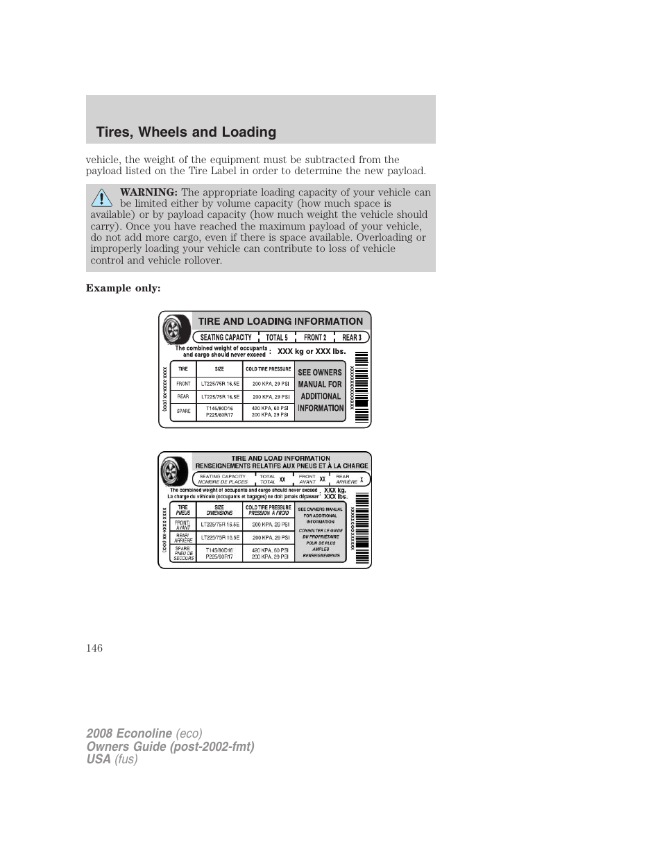 Tires, wheels and loading | FORD 2008 E-450 v.3 User Manual | Page 146 / 285