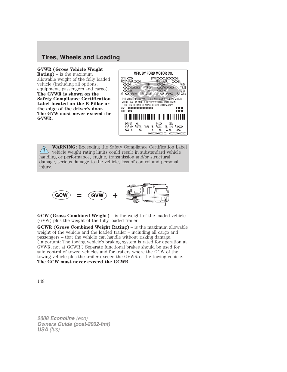 Tires, wheels and loading | FORD 2008 E-450 v.3 User Manual | Page 148 / 285