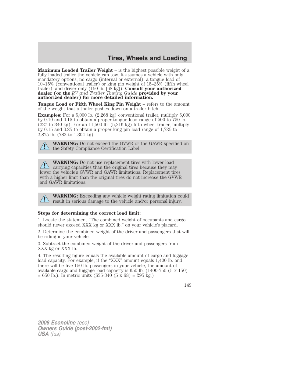 Tires, wheels and loading | FORD 2008 E-450 v.3 User Manual | Page 149 / 285