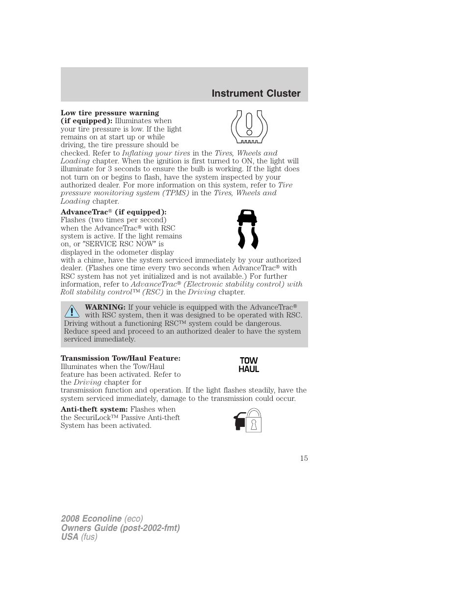 Instrument cluster | FORD 2008 E-450 v.3 User Manual | Page 15 / 285