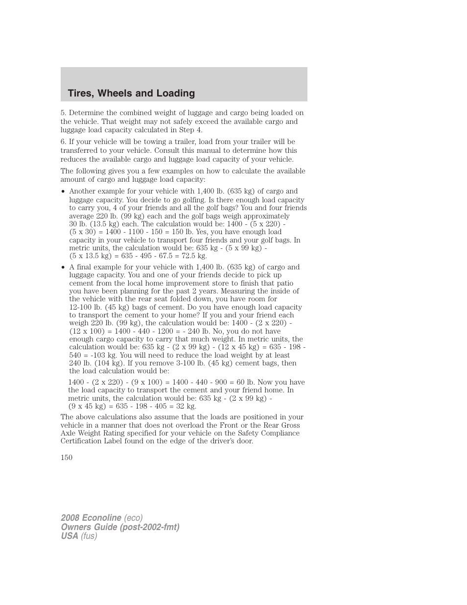 Tires, wheels and loading | FORD 2008 E-450 v.3 User Manual | Page 150 / 285