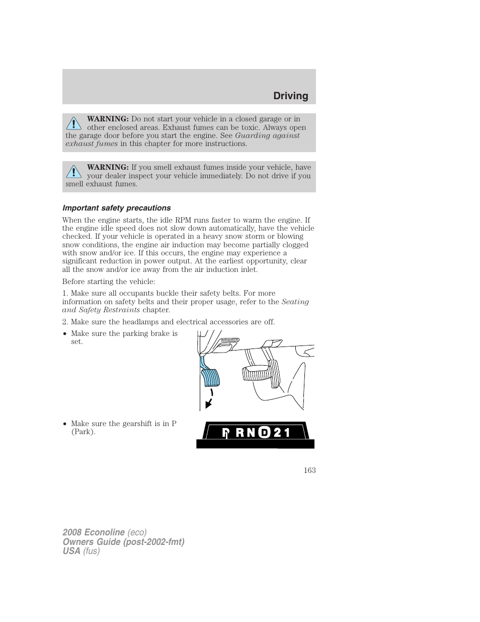 Important safety precautions, Driving | FORD 2008 E-450 v.3 User Manual | Page 163 / 285