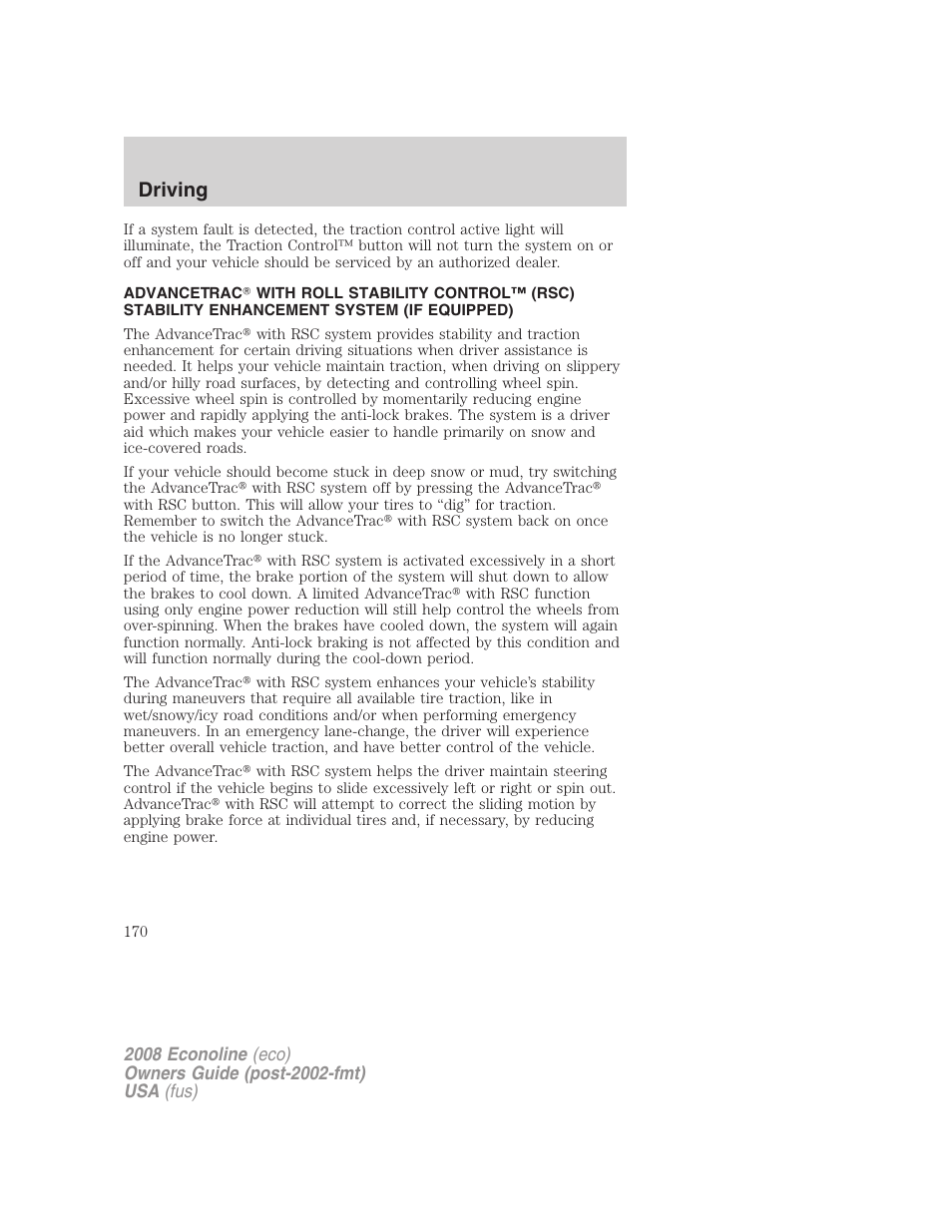 Traction control™/advancetrac, Driving | FORD 2008 E-450 v.3 User Manual | Page 170 / 285
