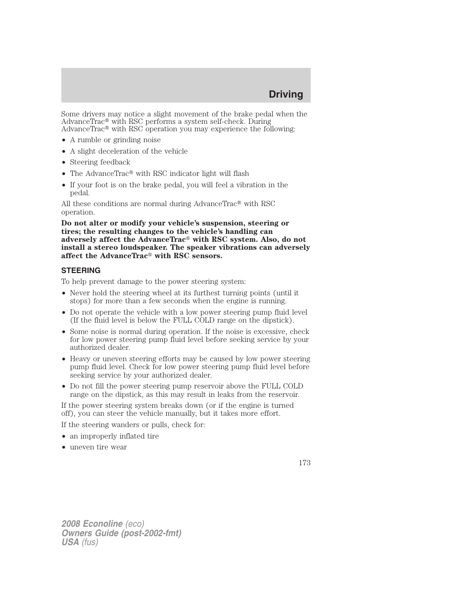 Steering, Driving | FORD 2008 E-450 v.3 User Manual | Page 173 / 285
