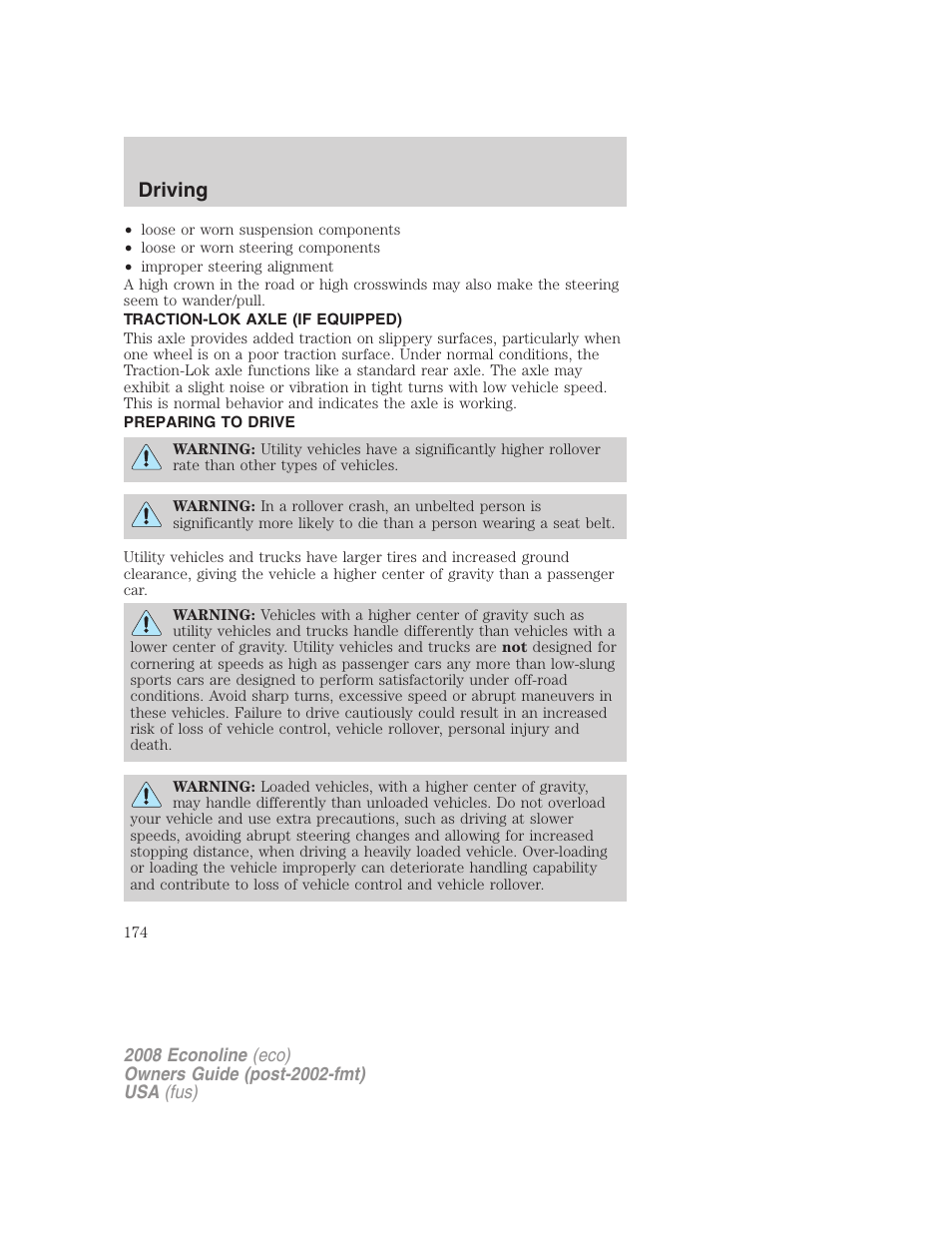 Traction-lok axle (if equipped), Preparing to drive, Driving | FORD 2008 E-450 v.3 User Manual | Page 174 / 285