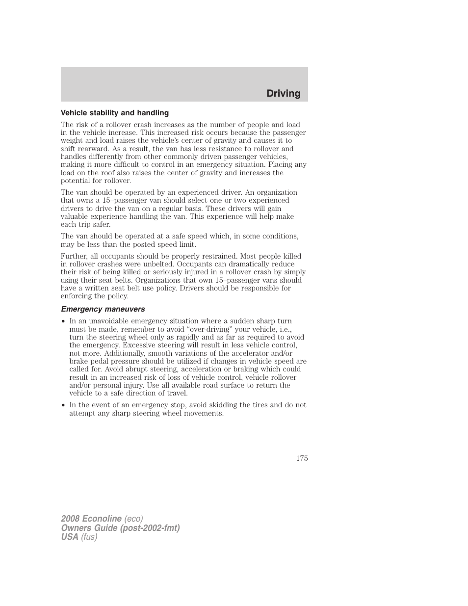 Vehicle stability and handling, Emergency maneuvers, Driving | FORD 2008 E-450 v.3 User Manual | Page 175 / 285