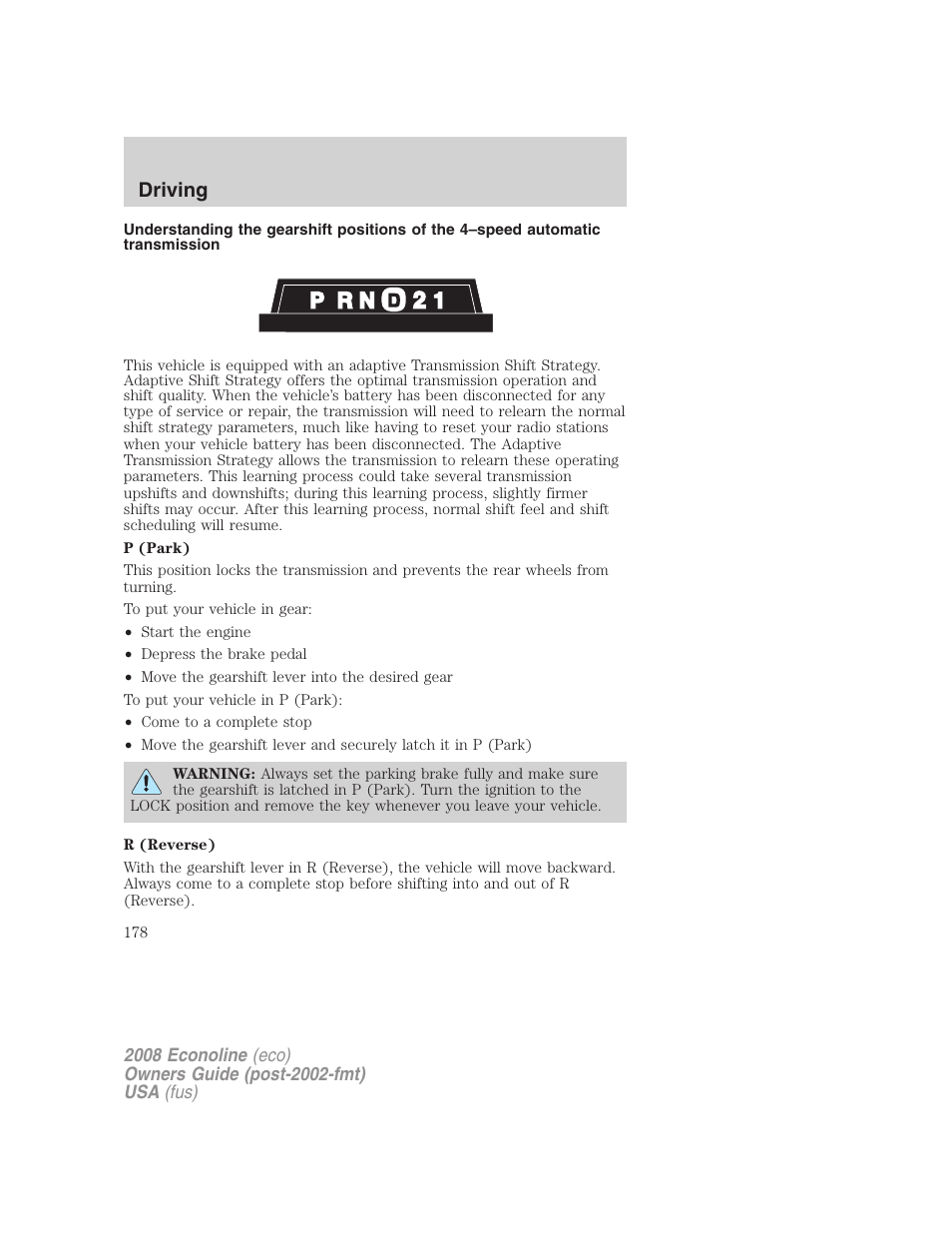 Driving | FORD 2008 E-450 v.3 User Manual | Page 178 / 285