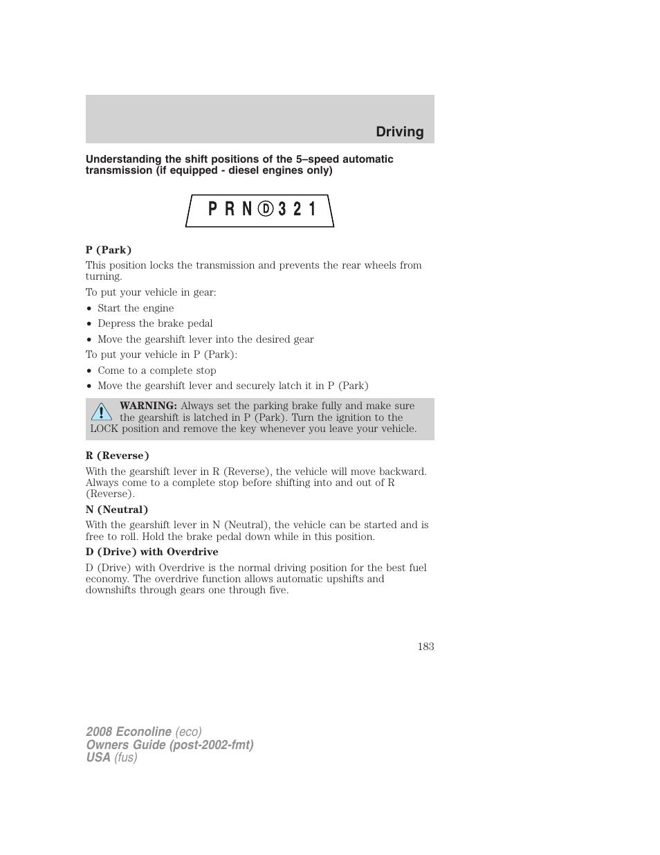 Driving | FORD 2008 E-450 v.3 User Manual | Page 183 / 285