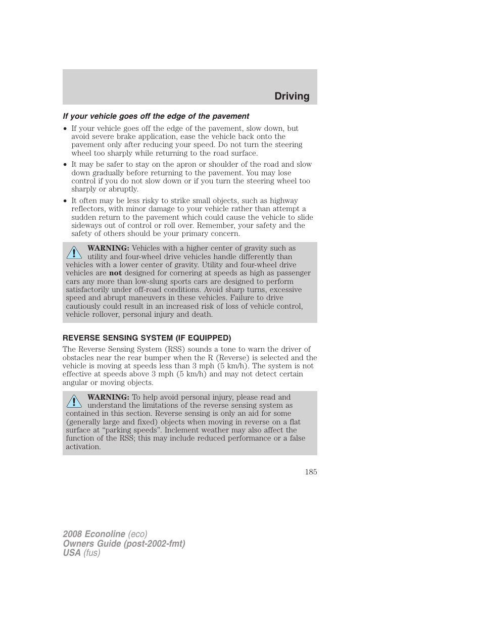 If your vehicle goes off the edge of the pavement, Reverse sensing system (if equipped), Reverse sensing system | Driving | FORD 2008 E-450 v.3 User Manual | Page 185 / 285