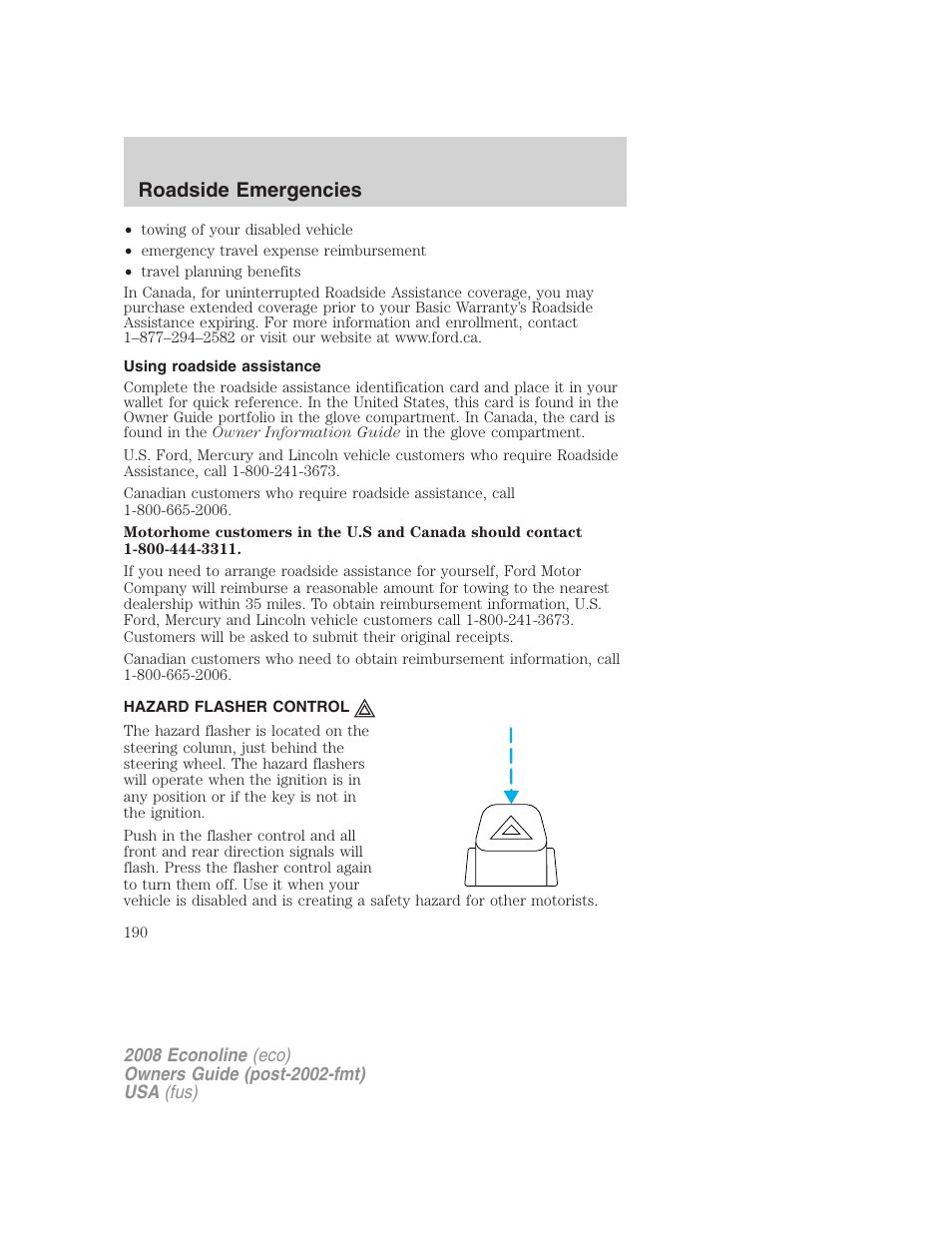 Using roadside assistance, Hazard flasher control, Hazard flasher switch | Roadside emergencies | FORD 2008 E-450 v.3 User Manual | Page 190 / 285